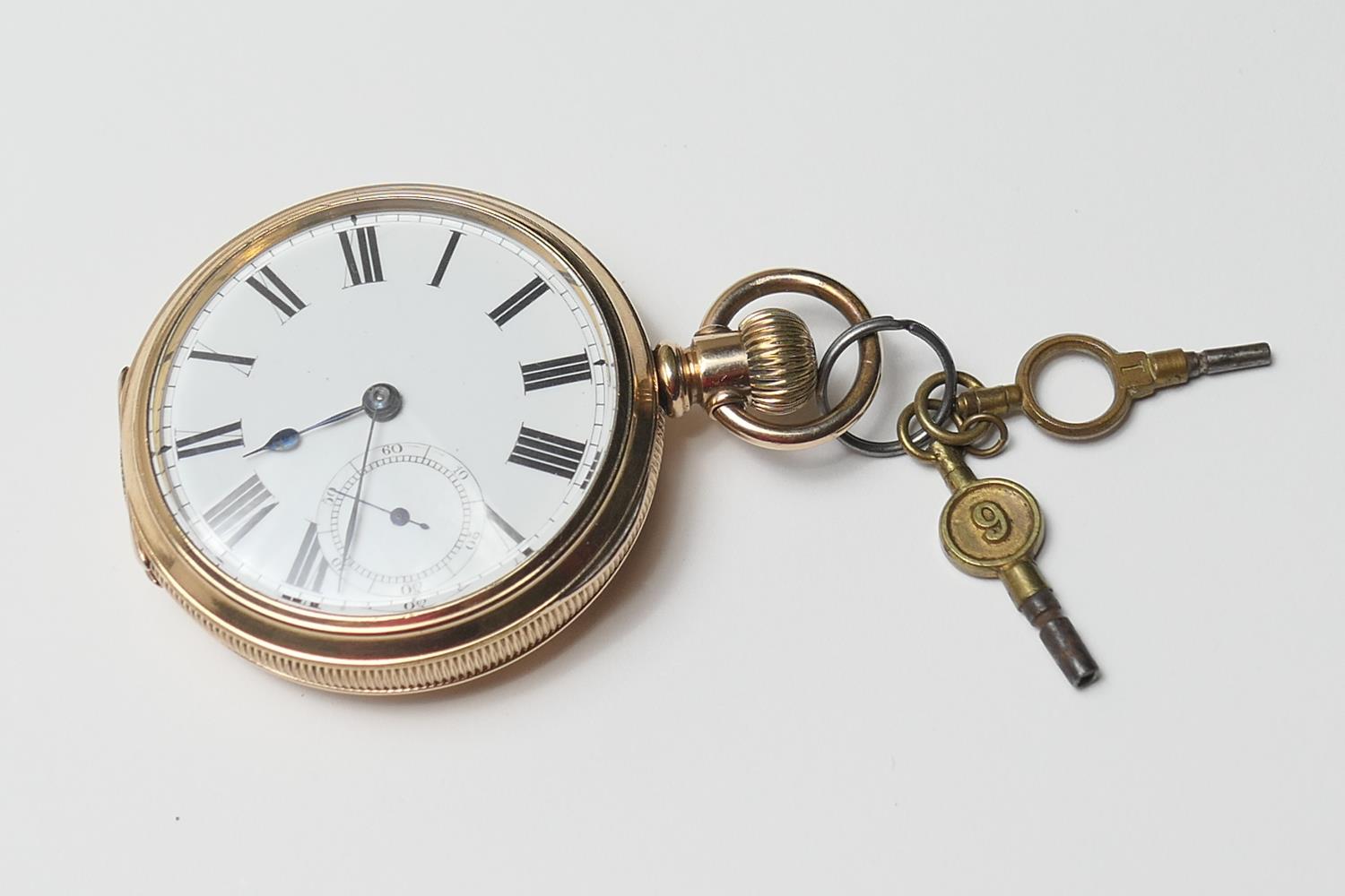 14ct gold filled open faced pocket watch, B W Raymond, Elgin, 45mm white dial with subsidiary