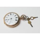 14ct gold filled open faced pocket watch, B W Raymond, Elgin, 45mm white dial with subsidiary