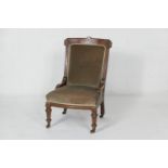 Victorian mahogany and sage green fabric upholstered salon chair, circa 1875, height 102cm