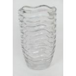 1930s heavy cut glass vase, probably Scandinavian, cut with deep, wavy, horizontal bands,