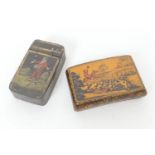 Victorian boxwood and penwork snuff box, curved form, the cover decorated with a fox hunting scene