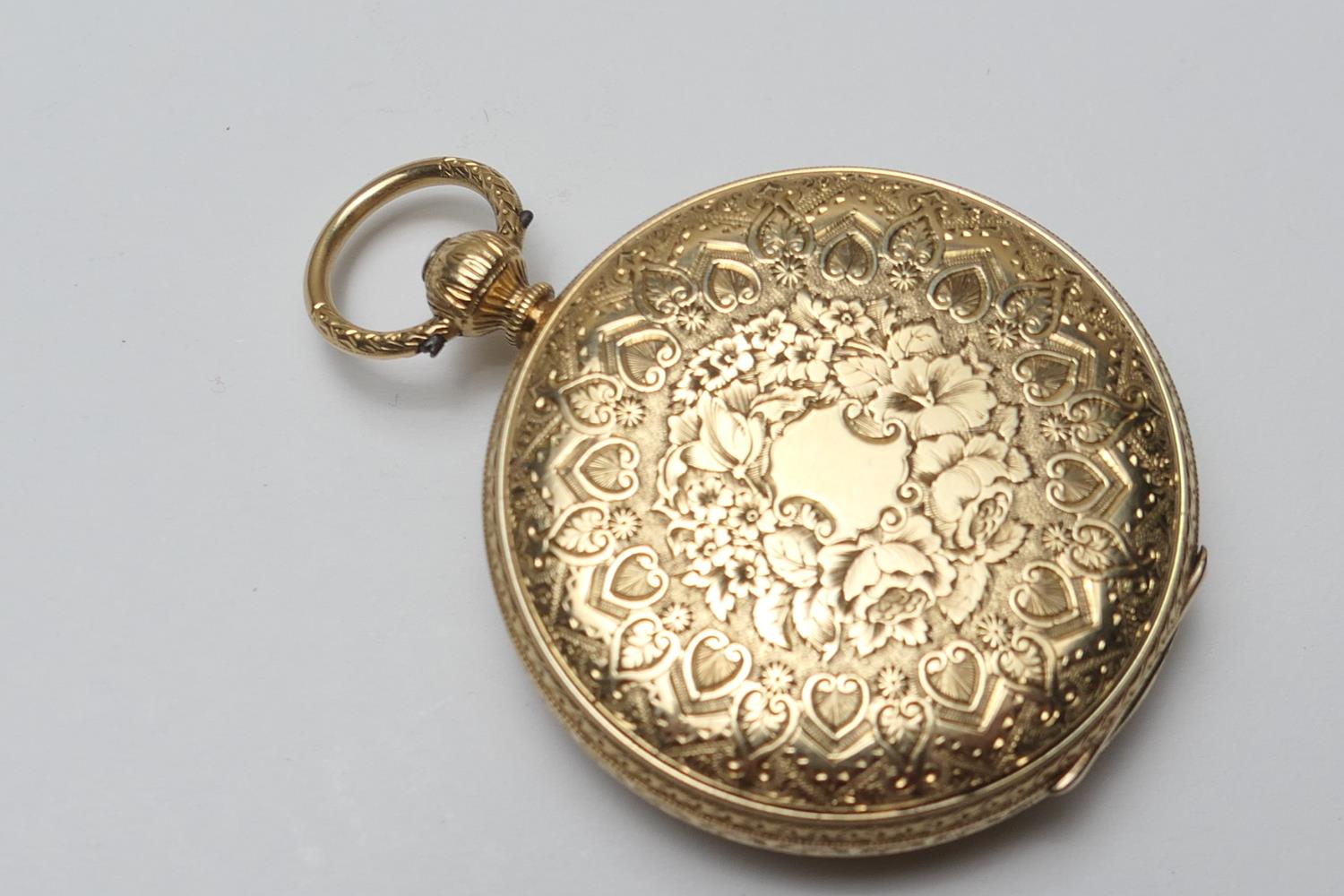 Victorian 18ct gold open faced pocket watch, hallmarked Chester 1871, 38mm gilt dial with matted - Image 2 of 5