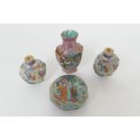 Pair of Chinese biscuit moulded snuff bottles, 19th Century, each moulded with figures, painted