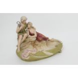 Royal Dux Art Nouveau style figural bowl, the bowl formed as a pond with lily pads, mounted with