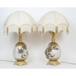 Pair of French brass and glass melon form table lamps, with domed cream fabric tasselled shade