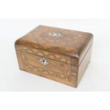 Victorian walnut and parquetry jewellery box, the cover inlaid with mother of pearl, width 25cm,