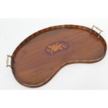 Edwardian mahogany and inlaid kidney shaped serving tray, brass carrying handles, 50cm