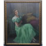W Hurst, (active c1930), Portrait of a young lady seated in a jade green dress, circa 1930s, oil
