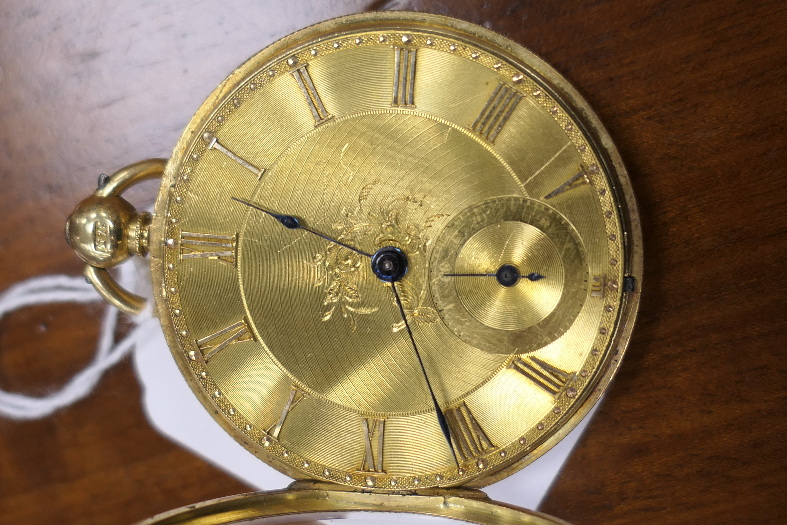 Victorian 18ct gold open faced pocket watch, hallmarked Chester 1850, 40mm gilt dial chased with - Image 6 of 6