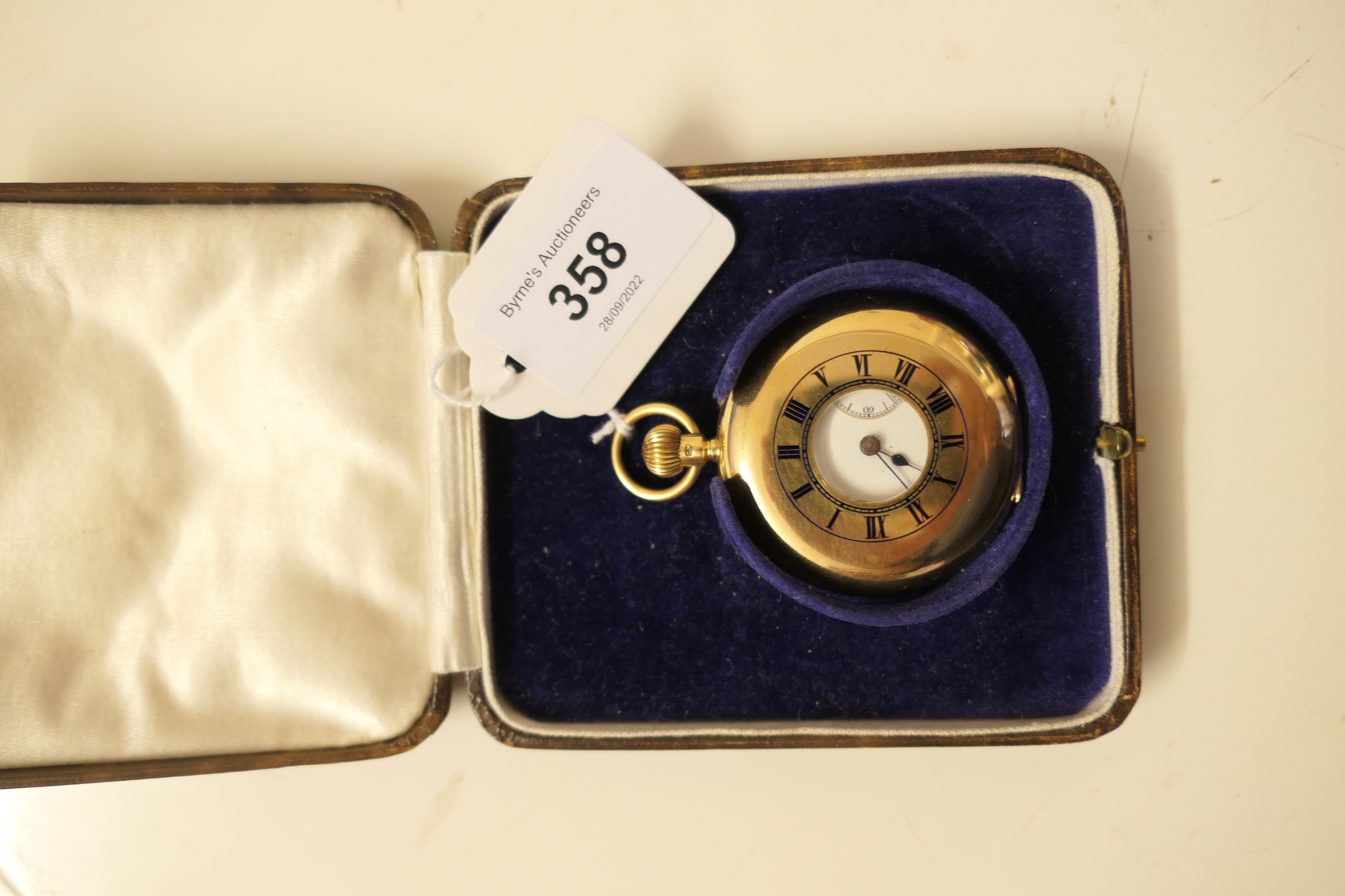 George V 18ct gold half hunter pocket watch, London 1928, outer case with blue enamelled Roman - Image 3 of 7