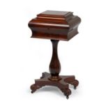 William IV mahogany teapoy, circa 1835, fitted interior with twin wooden caddies with hinged