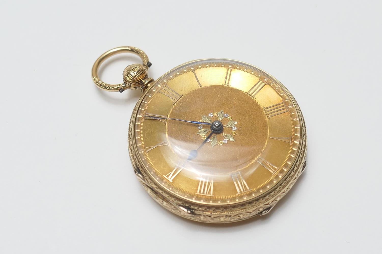 Victorian 18ct gold open faced pocket watch, hallmarked Chester 1871, 38mm gilt dial with matted