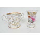 Dated Victorian loving cup, possibly Coalport, circa 1857, decorated with a floral bouquet inscribed