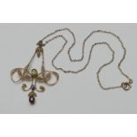 Edwardian 15ct gold multi-gem set openwork pendant necklace, the Art Nouveau inspired pendant having