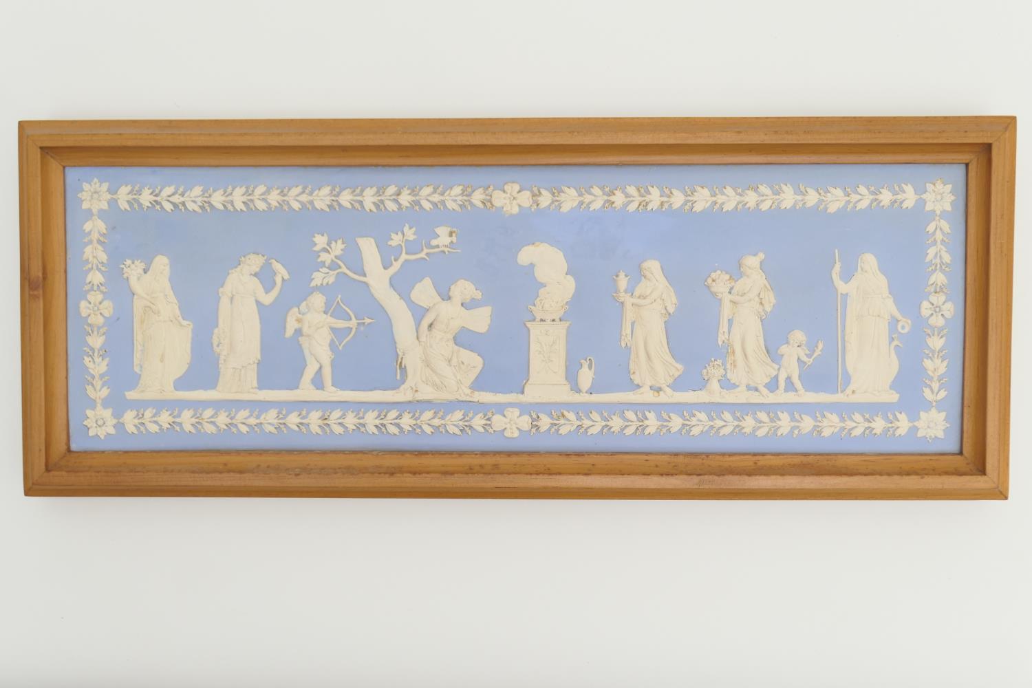 Wedgwood jasperware plaque, 19th Century, sky blue jasper with applied classical scene featuring