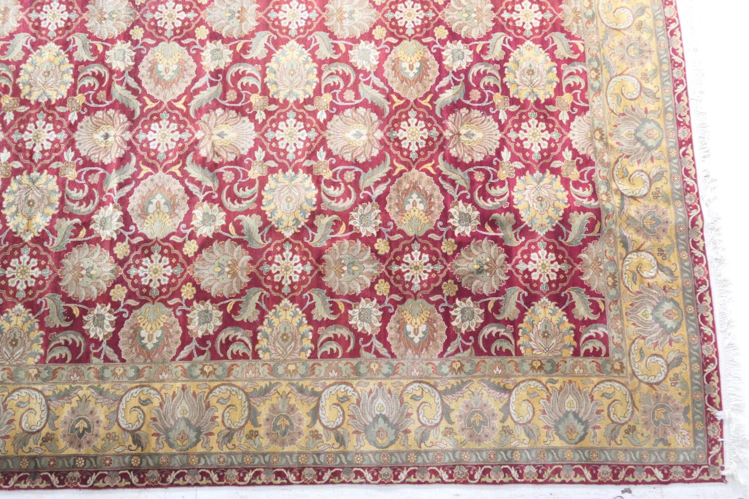 Frith style woollen Agra carpet, red field with large palmettes within a gold palmette border, - Image 2 of 2