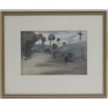 Manner of Frank Brangwyn (1867-1956), Mourners returning from the site of a crucifixion, watercolour