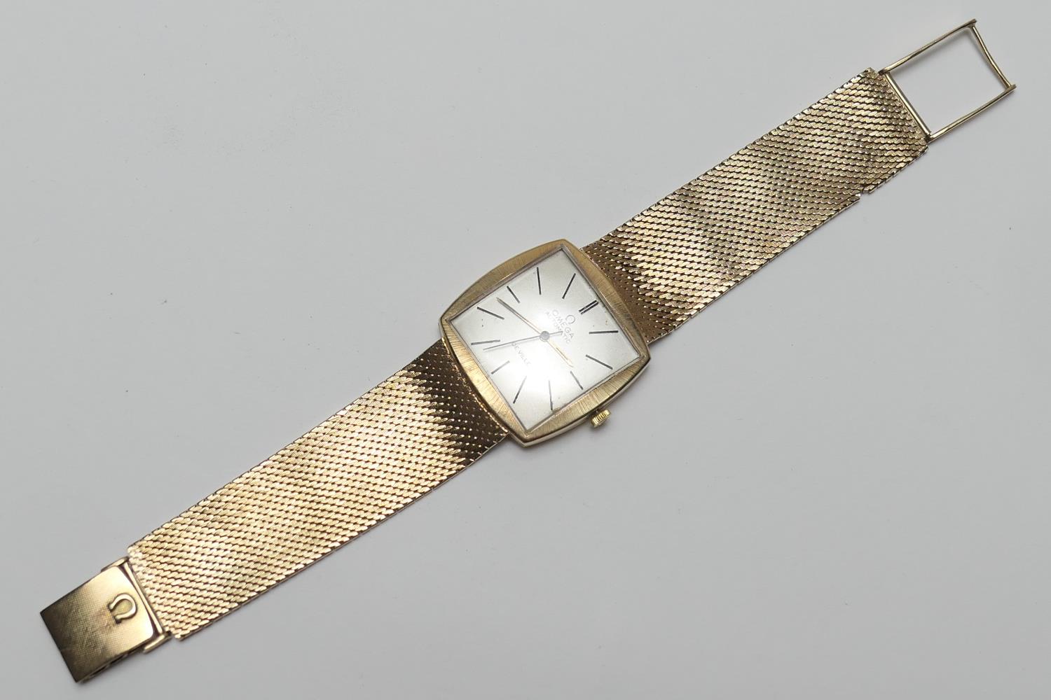 Omega De Ville 9ct gold gent's bracelet wristwatch, circa 1970, cushion shaped cased with 24mm