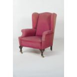 Mahogany and red fabric upholstered wing armchair, late 19th Century, width 80cm, height 107cm,