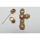 Italian citrine and gold coloured filigree cross form pendant brooch (extensively damaged), set with