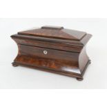 Good late Regency rosewood and amboyna tea chest, circa 1815-25, sarcophagus form opening to an