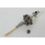 Victorian silver baby's rattle, by Joseph Willmore, with whistle end supporting two rows of