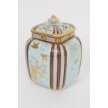 Mintons China pot pourri jar, rounded square section, finely gilded with birds, butterflies and