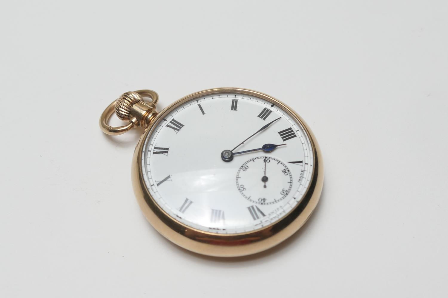 9ct gold cased open faced pocket watch, Birmingham 1923, 43mm white enamelled dial with Roman