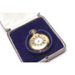 George V 18ct gold half hunter pocket watch, London 1928, outer case with blue enamelled Roman