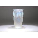 Lalique Ceylan vase, number 905, moulded with pairs of budgerigars, frosted and tinted with blue