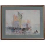 Hector Caffieri (1847-1932), Busy quayside, watercolour, signed, 25cm x 35cm; also 'Crashing waves',