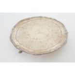 Victorian silver card tray, maker WWW, London 1860, circular form with a beaded edge, engraved