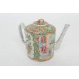 Cantonese famille rose teapot, 19th Century, cylinder form with double strap handle, decorated