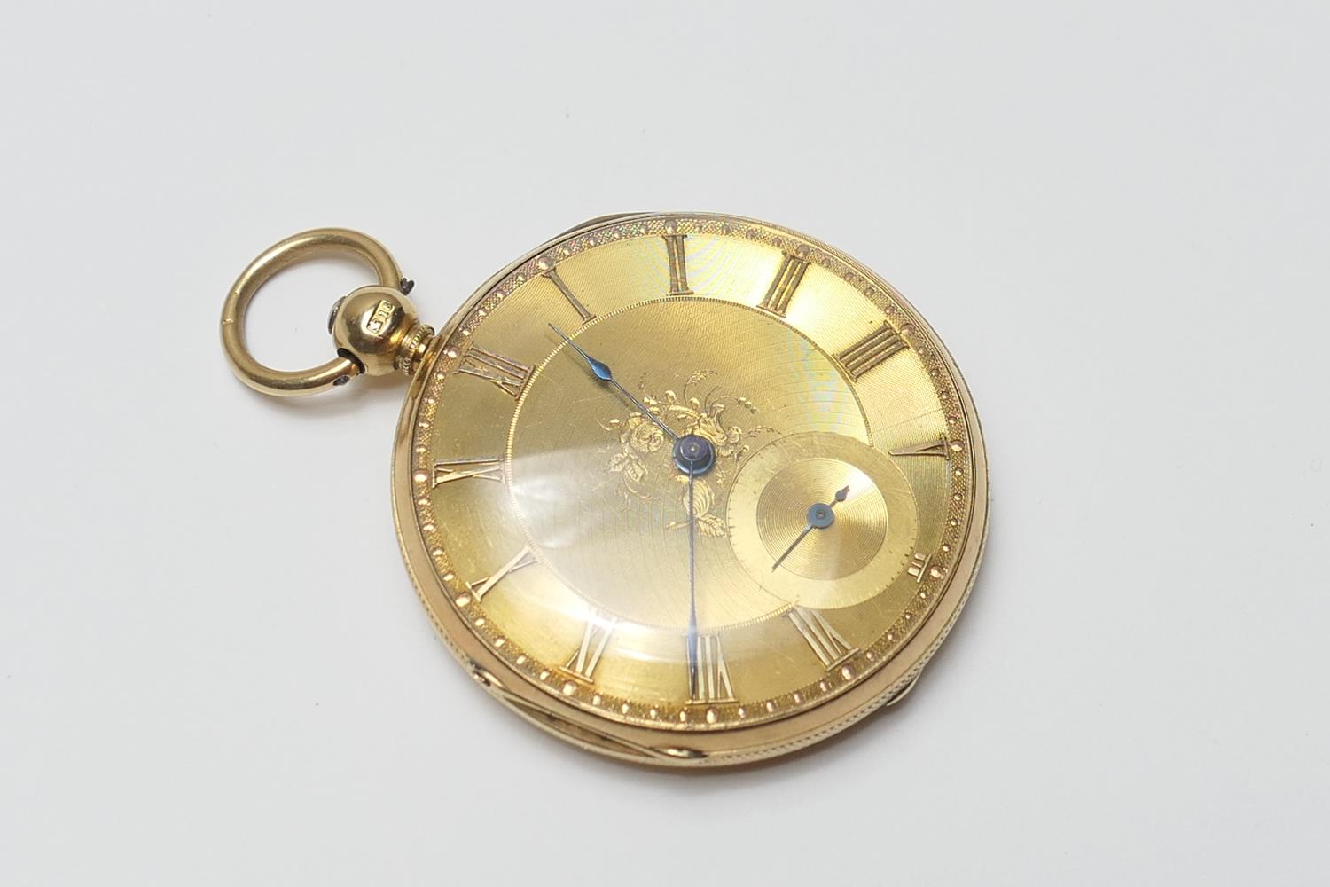 Victorian 18ct gold open faced pocket watch, hallmarked Chester 1850, 40mm gilt dial chased with