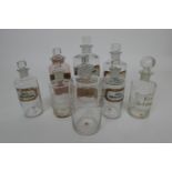 Eight Victorian and later labelled chemist's bottles, including one etched 'AC:Hydroch:d:', others