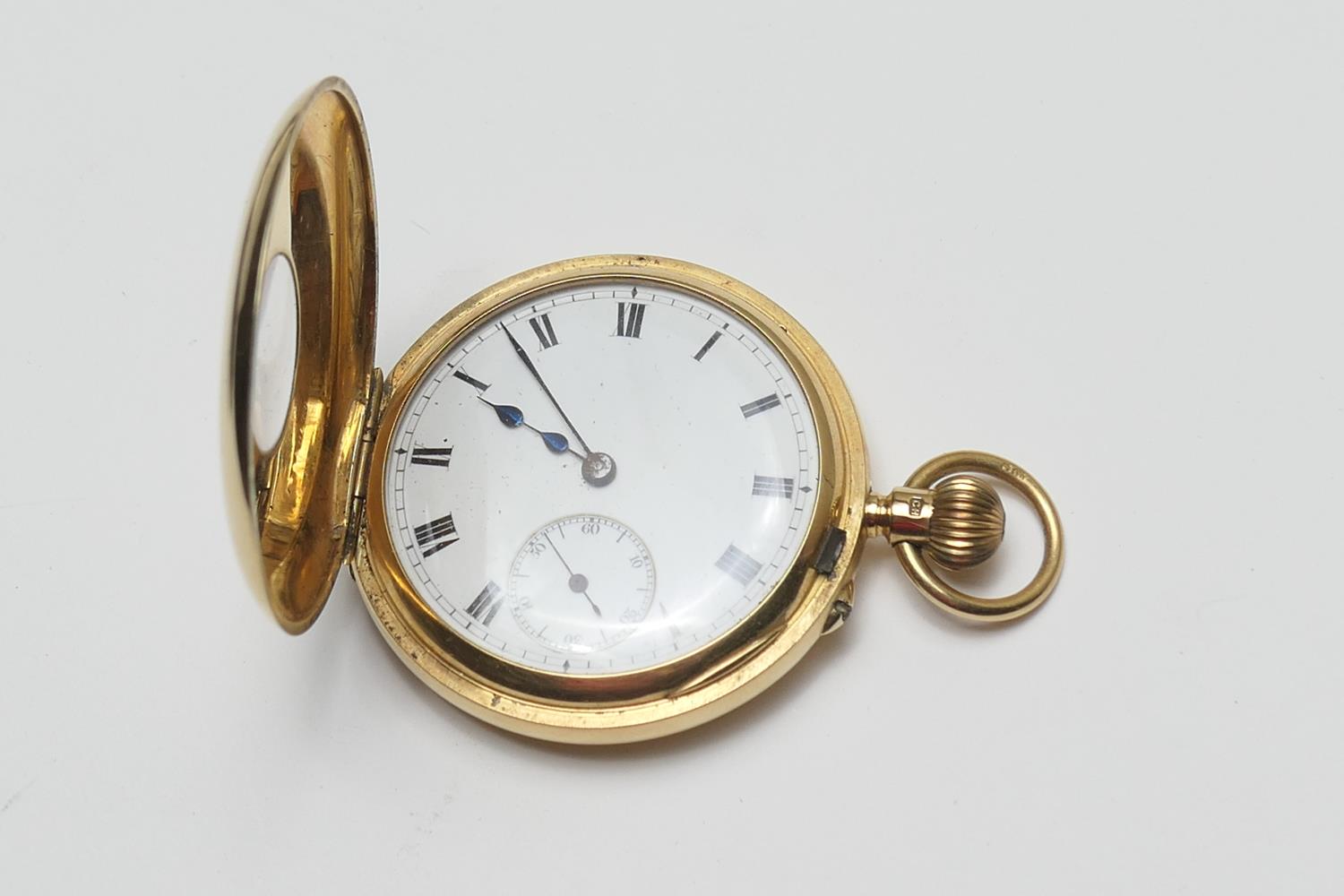 George V 18ct gold half hunter pocket watch, London 1928, outer case with blue enamelled Roman - Image 2 of 7