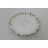 George V silver presentation card tray, Sheffield 1926, shaped circular form later inscribed to