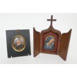 Italian hand decorated porcelain plaque, depicting the Virgin Mary, set within in an oak