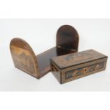 Tunbridge ware marquetry and rosewood bookslide, detailed with a ruined abbey and castle gates, 32.