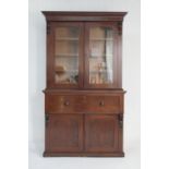 Victorian mahogany secretaire bookcase cabinet, moulded cornice over two glazed doors opening to