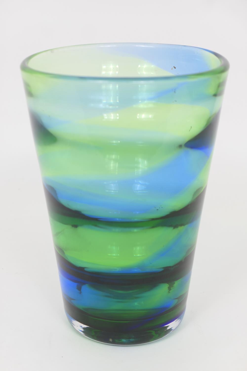 Whitefriars kingfisher blue and green tapered glass vase, rib moulded on the inside, ground pontil