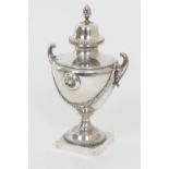 George V silver urn tea caddy, maker CWF, Sheffield 1929, domed cover with pinecone finial,