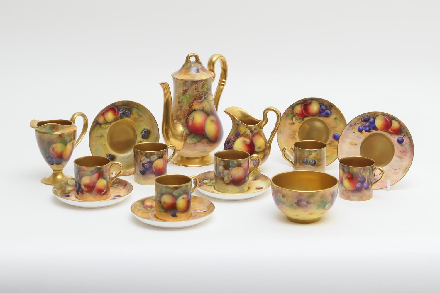 Royal Worcester fruit decorated composite coffee service, comprising baluster coffee pot by A Shuck,