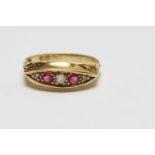 Edwardian ruby and diamond five stone ring, set in 18ct gold, size O, gross weight approx. 2.3g