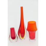 Murano Sommerso red and yellow tear drop vase, 32cm: and two further red glass vases, 14cm and 18.