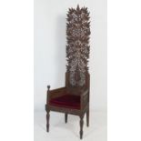 Anglo-Indian carved 'tree of life' high back chair, circa 1900, the back carved with leaves and