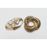 14ct gold eternal knot brooch, with textured finish, 30mm, weight approx. 8.7g; also a 9ct gold