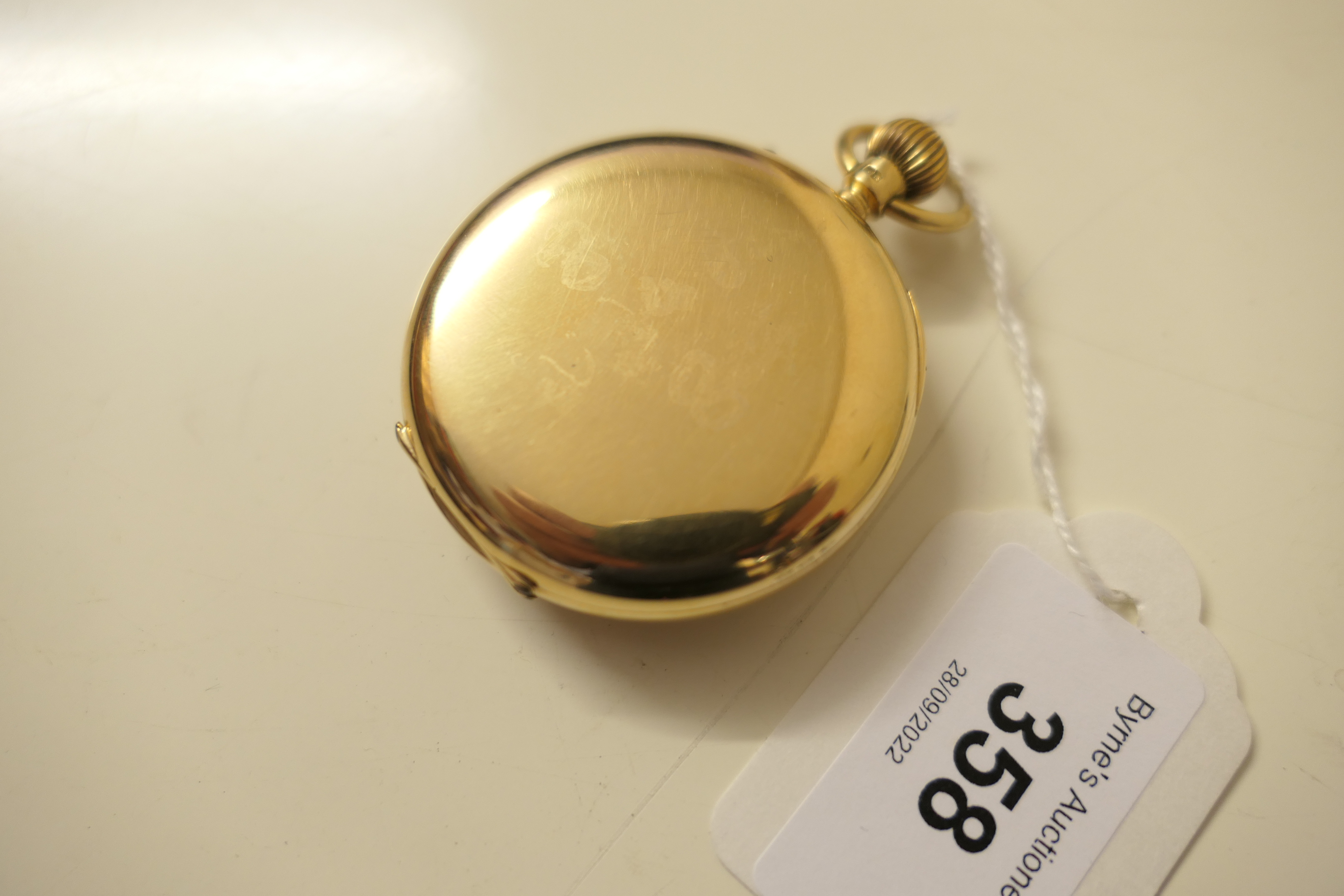 George V 18ct gold half hunter pocket watch, London 1928, outer case with blue enamelled Roman - Image 5 of 7
