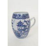 Chinese blue and white barrel shaped mug, Qianlong (1736-95), decorated with a pavilion walled
