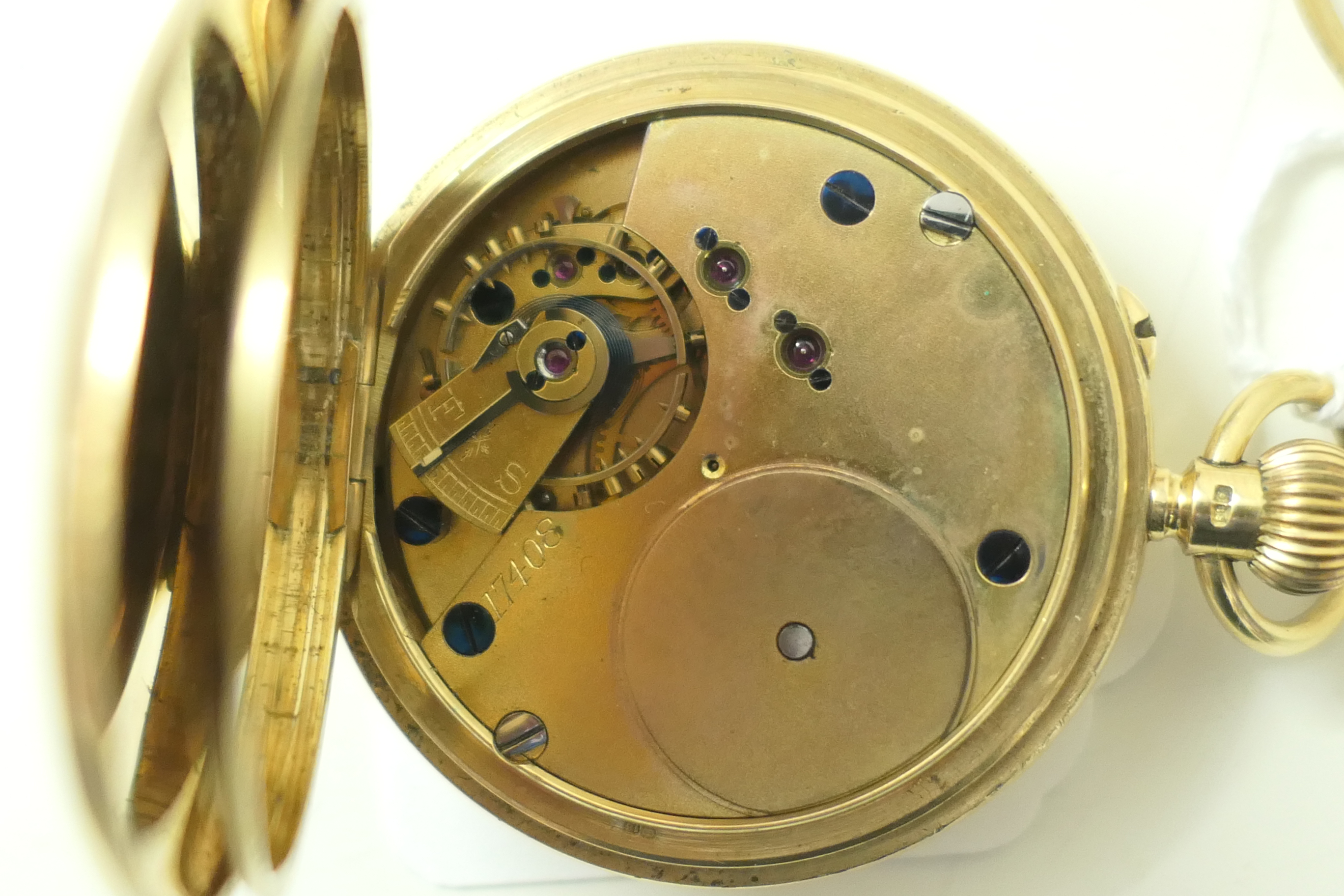 George V 18ct gold half hunter pocket watch, London 1928, outer case with blue enamelled Roman - Image 7 of 7